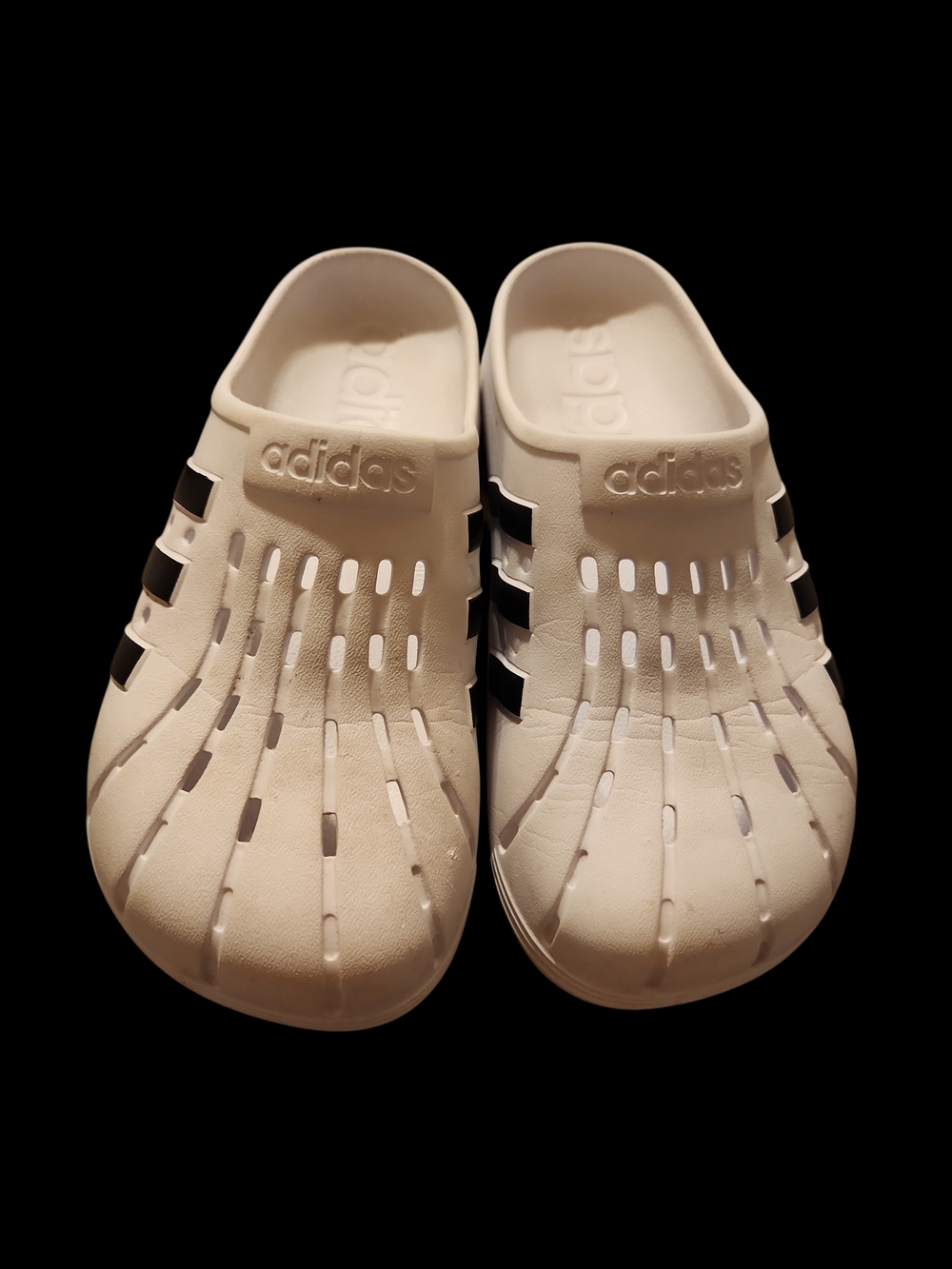 The Adidas Adilette Clogs in White with Black Mens 8/ Womens 9